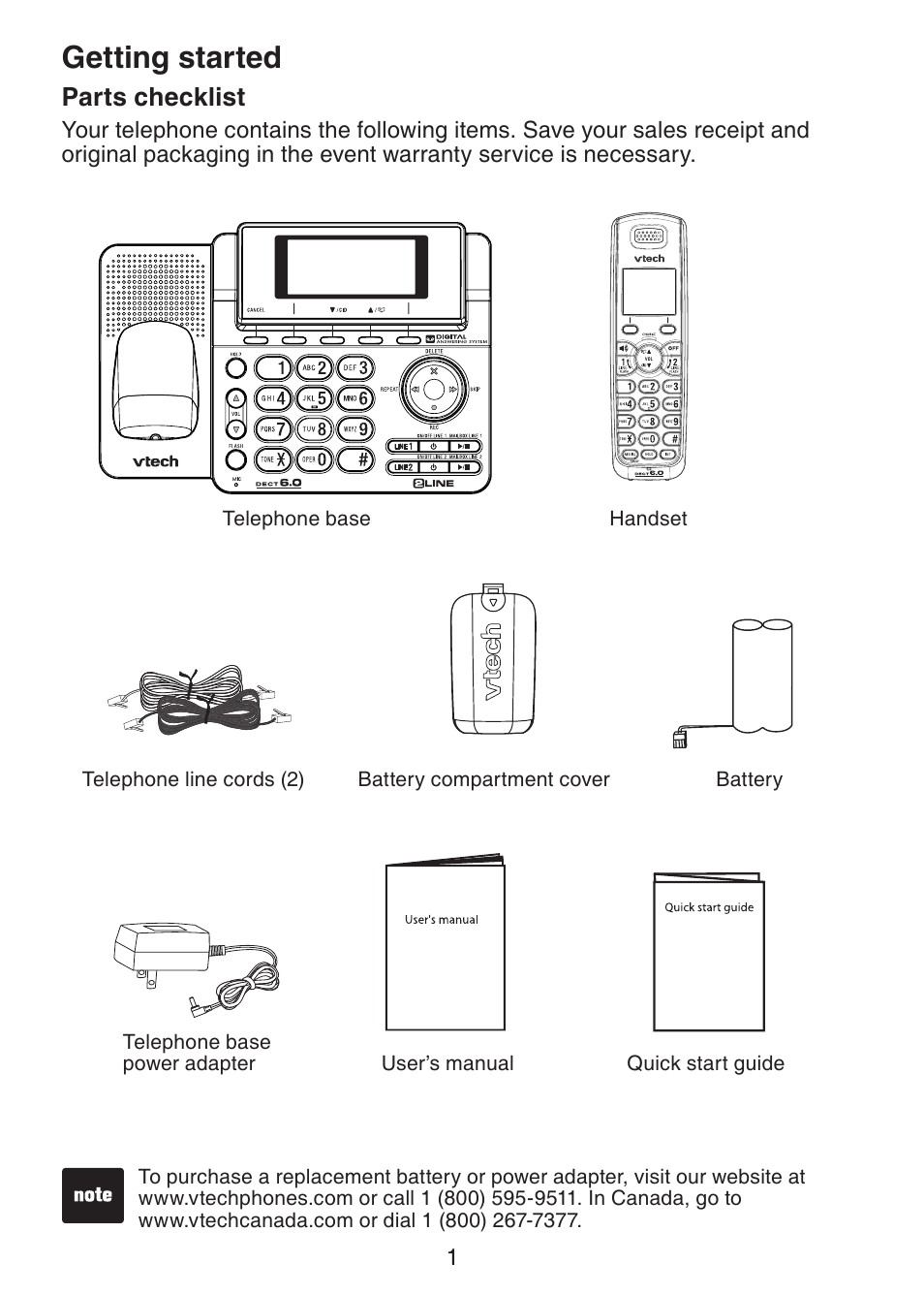 Getting started, Parts checklist | VTech DECT6.0 DS6151 User Manual | Page 5 / 95