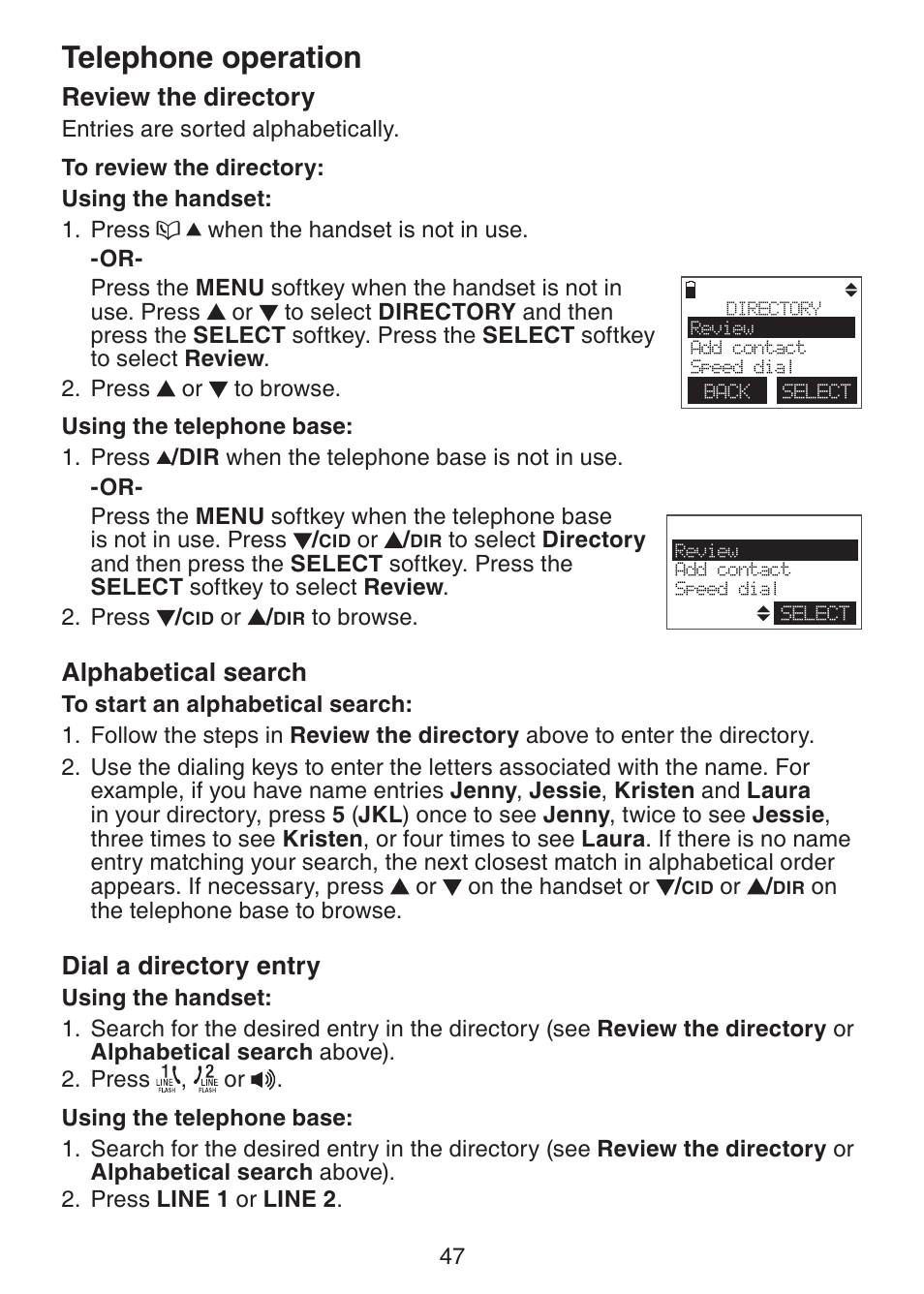 Telephone operation, Review the directory, Alphabetical search | Dial a directory entry | VTech DECT6.0 DS6151 User Manual | Page 51 / 95