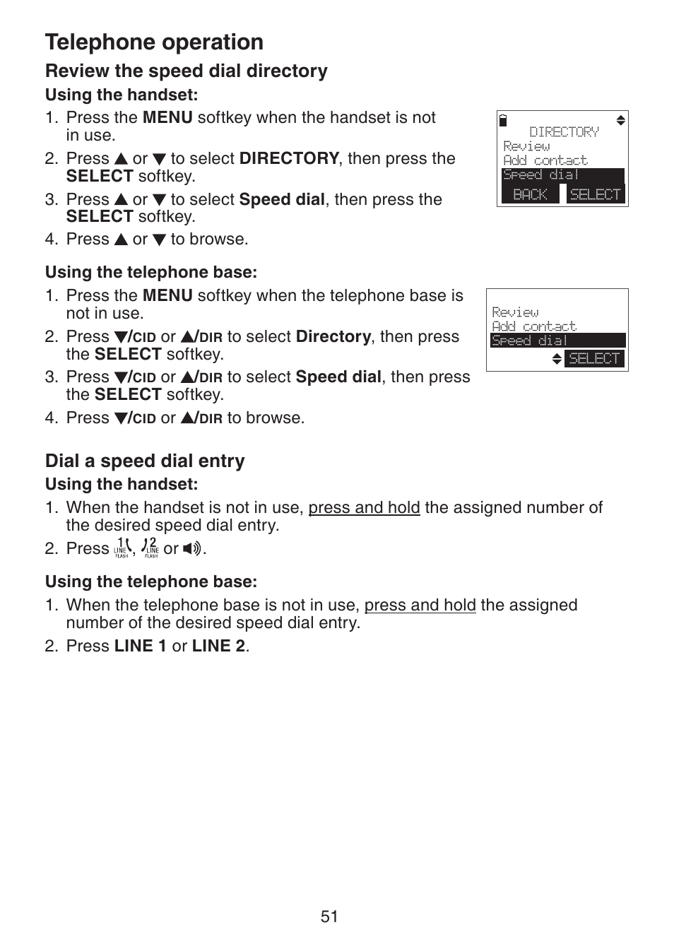 Telephone operation, Review the speed dial directory, Dial a speed dial entry | VTech DECT6.0 DS6151 User Manual | Page 55 / 95