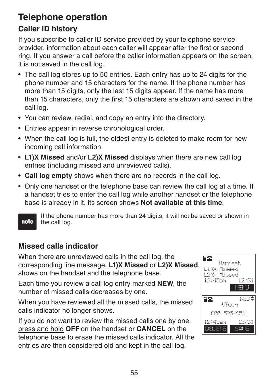 Telephone operation, Caller id history, Missed calls indicator | VTech DECT6.0 DS6151 User Manual | Page 59 / 95