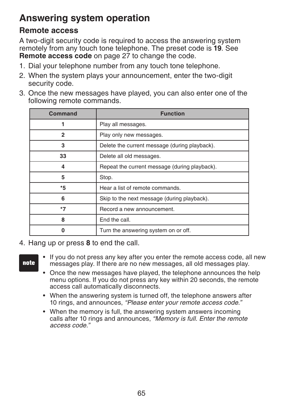 Answering system operation, Remote access | VTech DECT6.0 DS6151 User Manual | Page 69 / 95