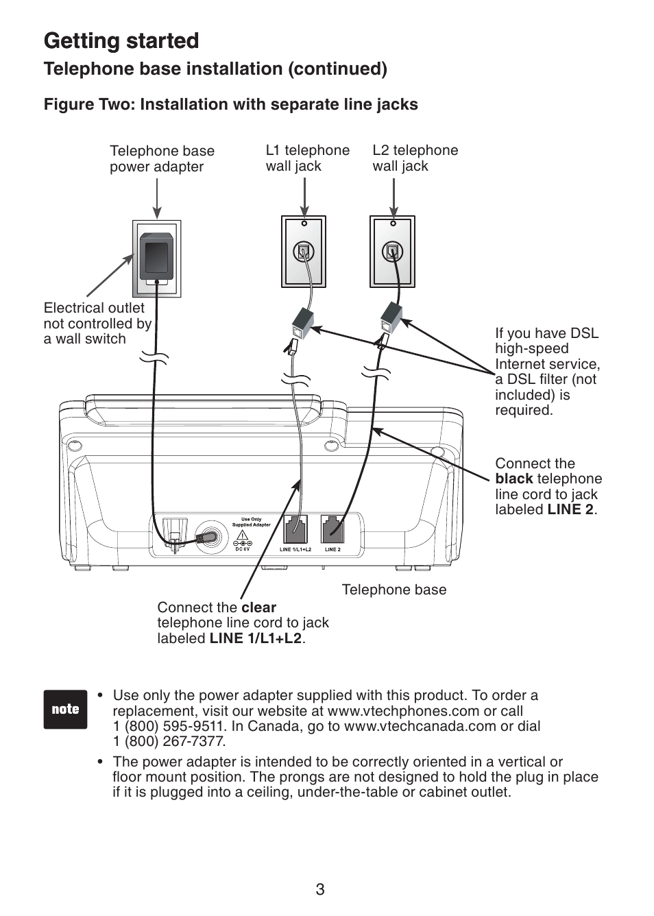 Getting started, Telephone base installation (continued) | VTech DECT6.0 DS6151 User Manual | Page 7 / 95