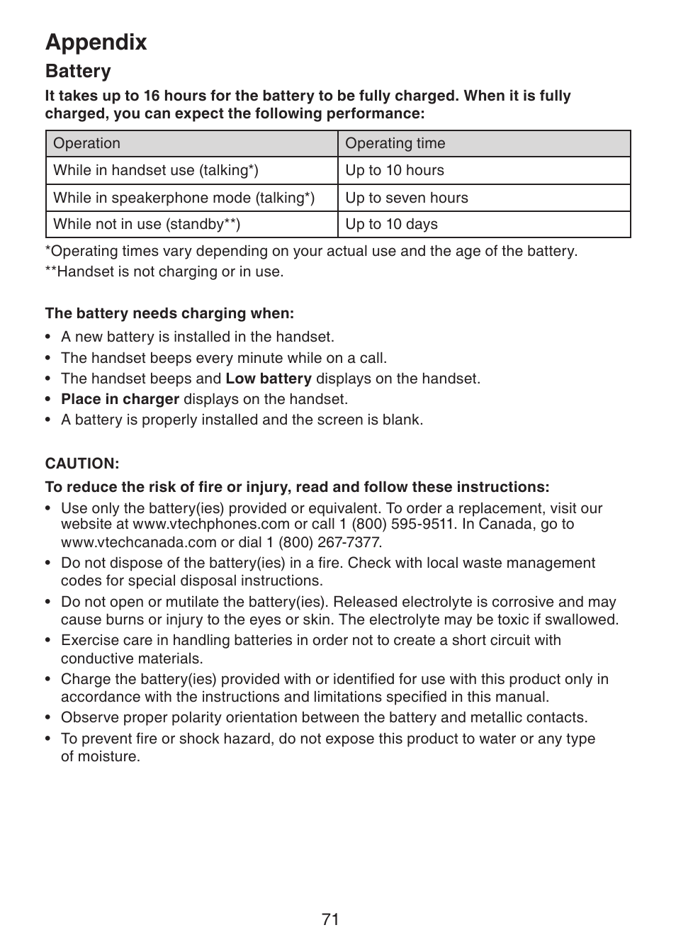 Appendix, Battery | VTech DECT6.0 DS6151 User Manual | Page 75 / 95