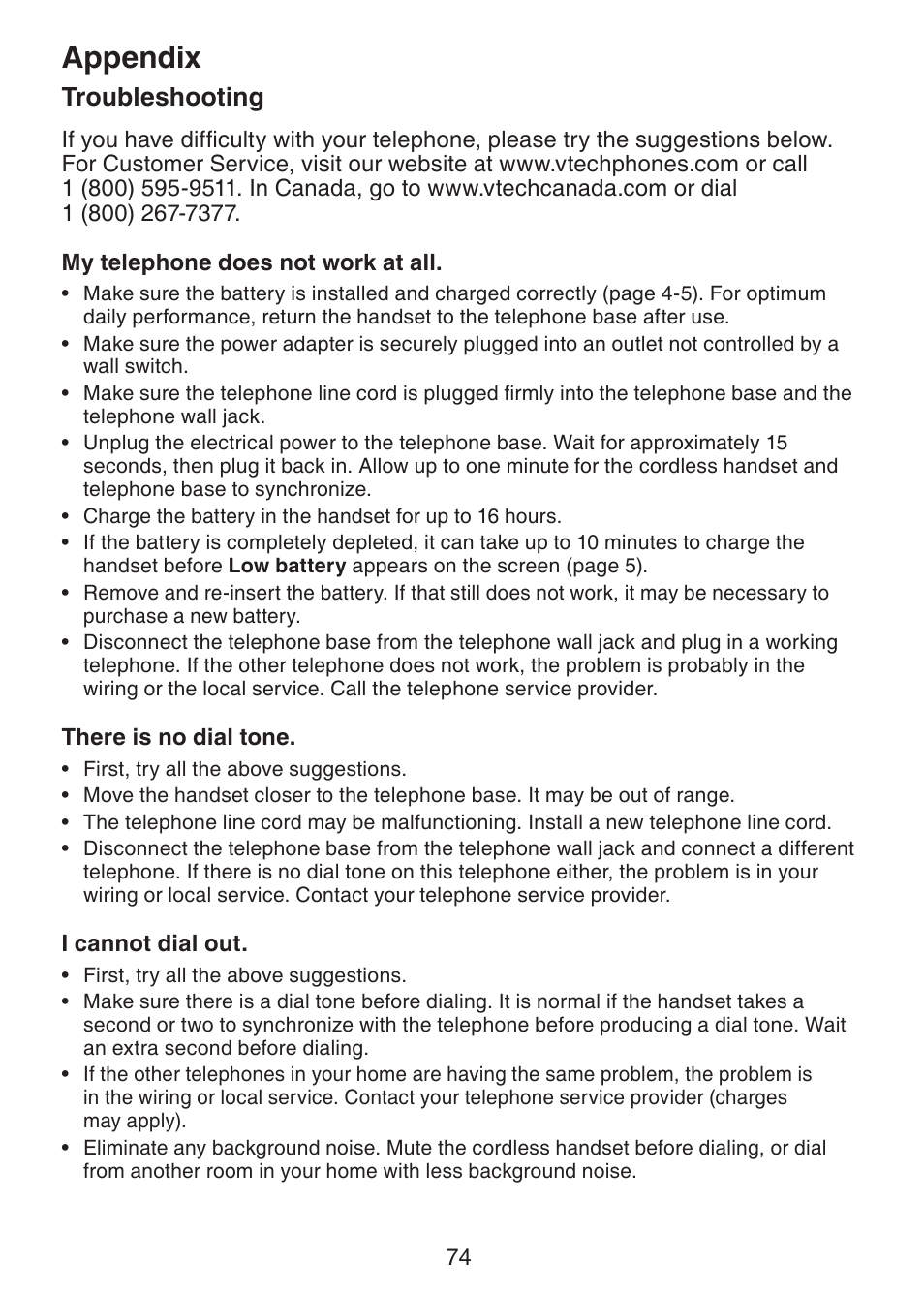 Appendix, Troubleshooting | VTech DECT6.0 DS6151 User Manual | Page 78 / 95