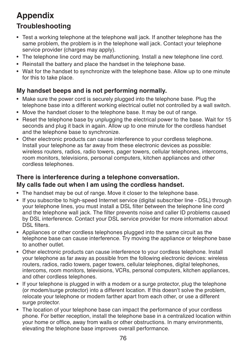 Appendix, Troubleshooting | VTech DECT6.0 DS6151 User Manual | Page 80 / 95