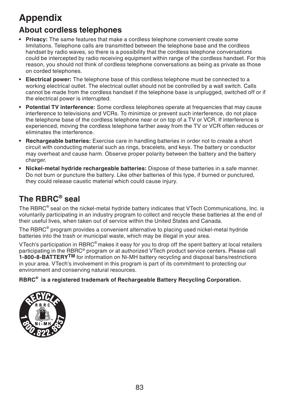 Appendix, About cordless telephones, The rbrc | Seal | VTech DECT6.0 DS6151 User Manual | Page 87 / 95