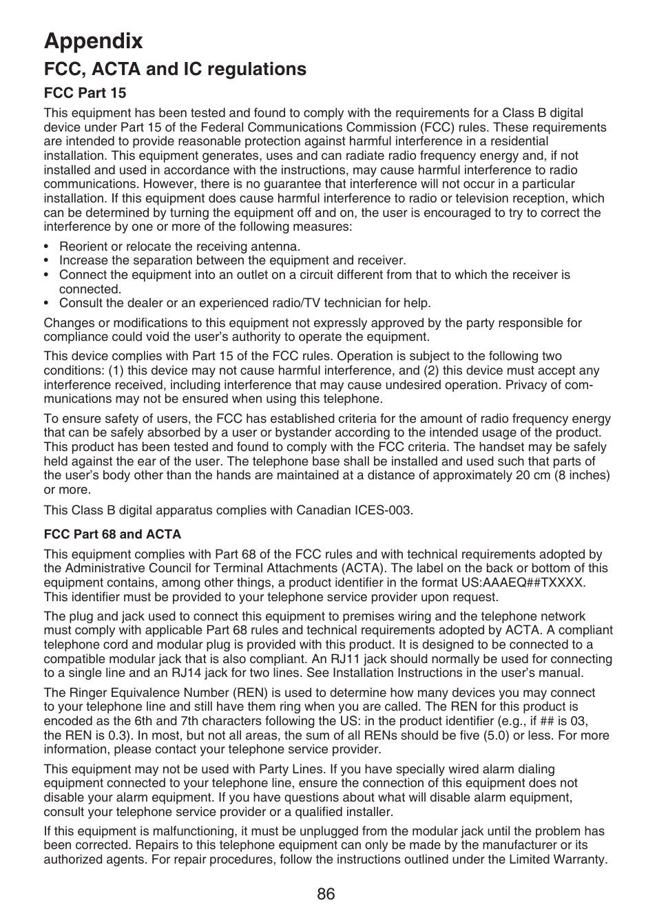 Appendix, Fcc, acta and ic regulations | VTech DECT6.0 DS6151 User Manual | Page 90 / 95