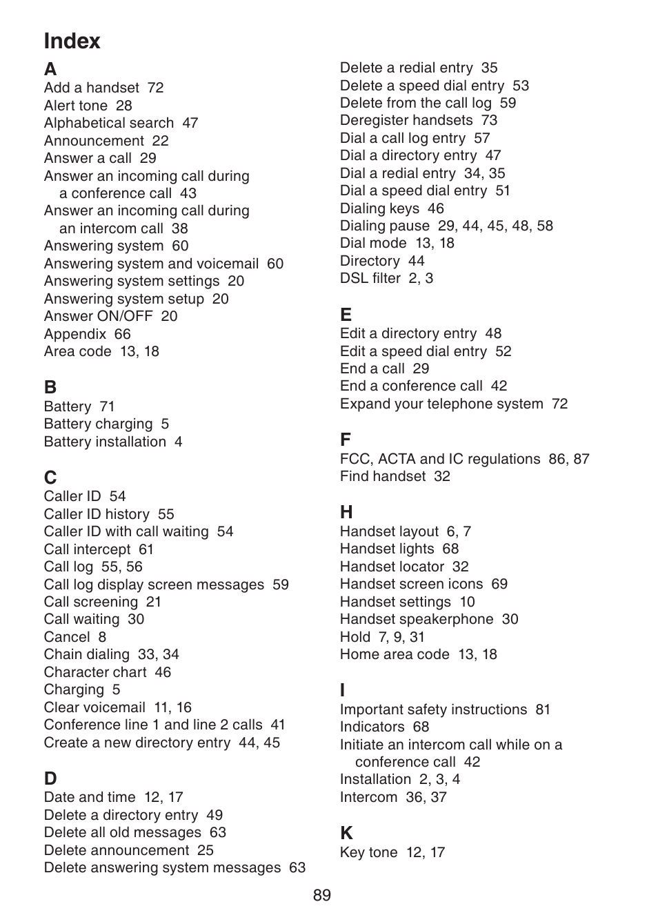 Index | VTech DECT6.0 DS6151 User Manual | Page 93 / 95