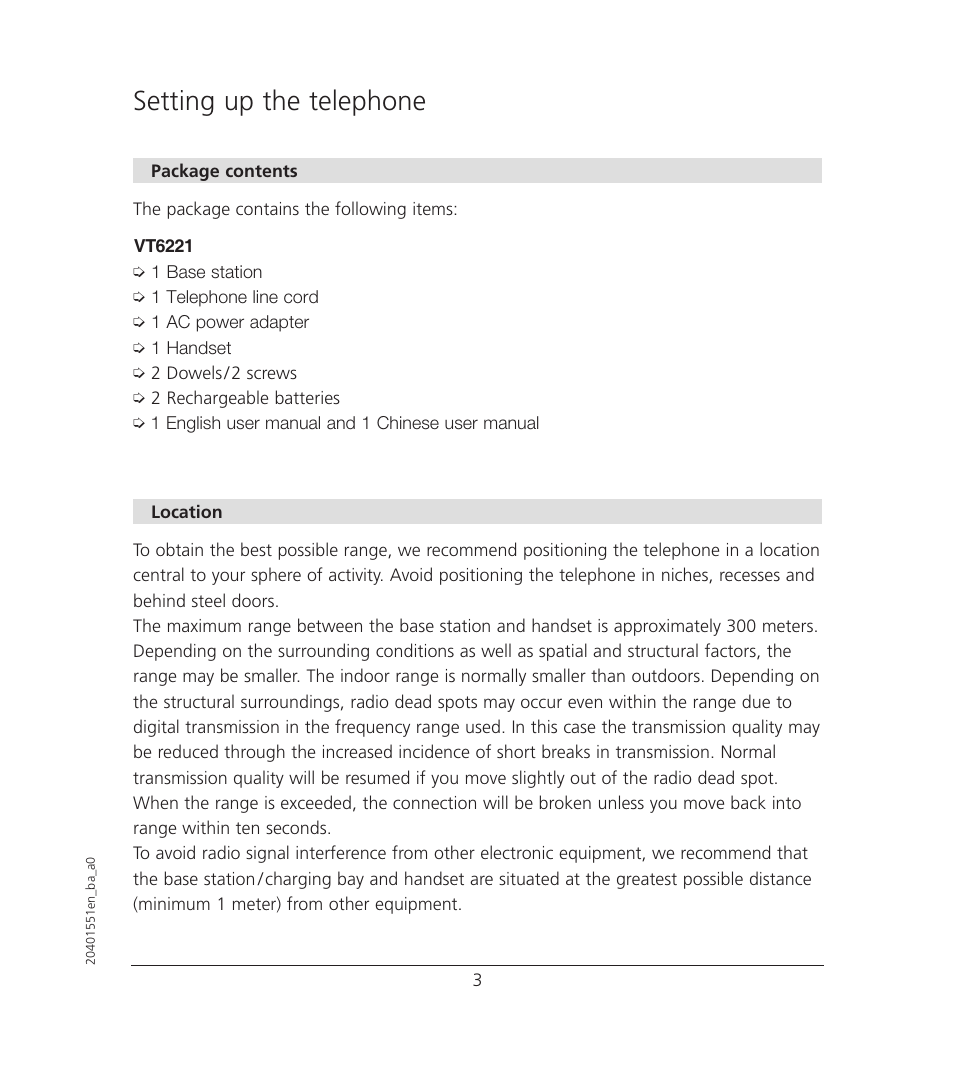 Setting up the telephone | VTech VT6221 User Manual | Page 4 / 27