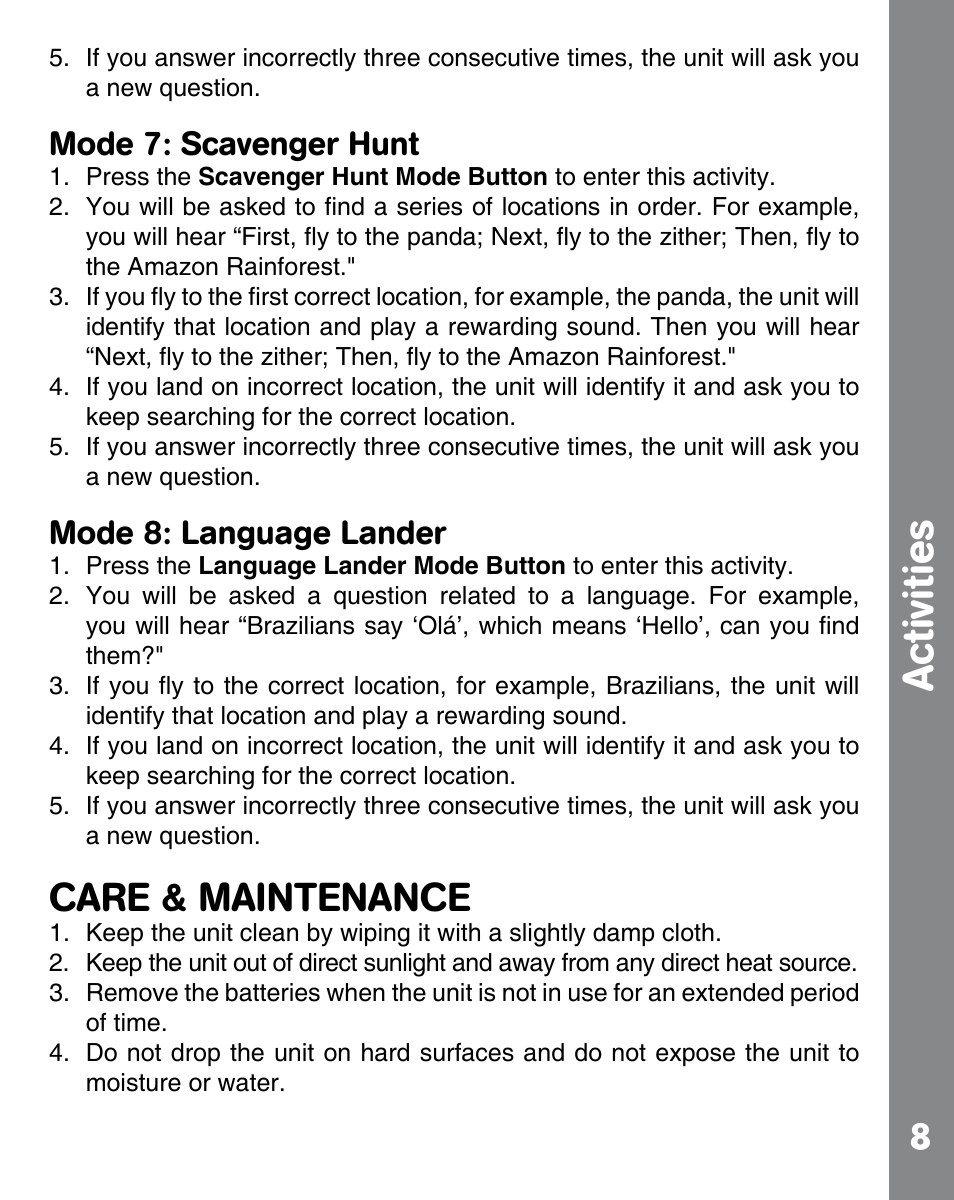 Activities, Care & maintenance, Mode 7: scavenger hunt | Mode 8: language lander | VTech ADVENTURE LEARNING GLOBE 91-002393-000 User Manual | Page 10 / 12