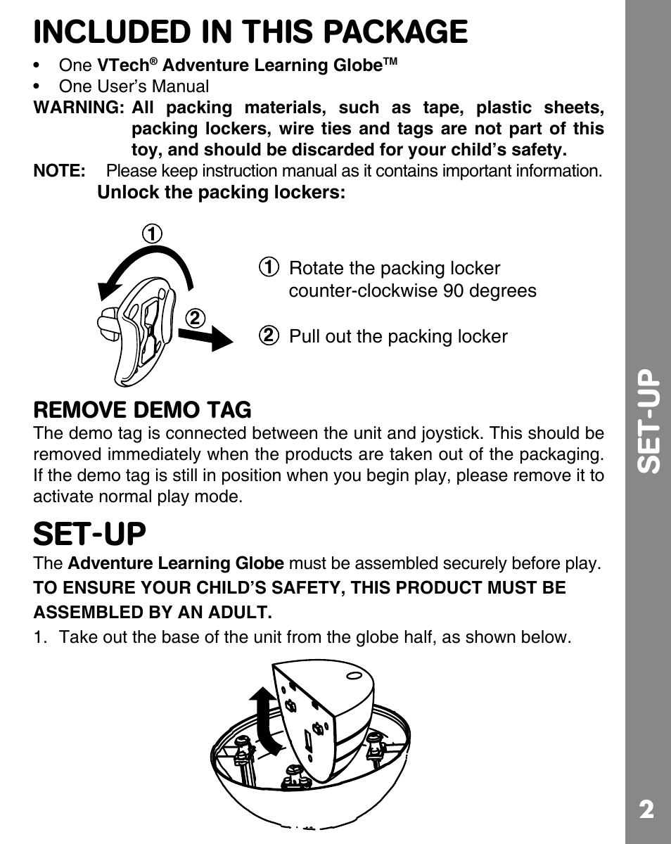 Included in this package, Set-up, Remove demo tag | VTech ADVENTURE LEARNING GLOBE 91-002393-000 User Manual | Page 4 / 12