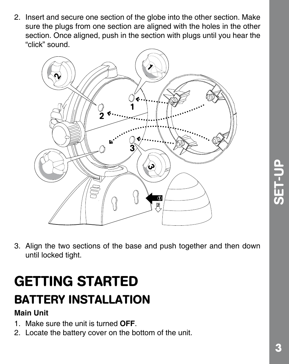 Getting started, Set-up, Battery installation | VTech ADVENTURE LEARNING GLOBE 91-002393-000 User Manual | Page 5 / 12