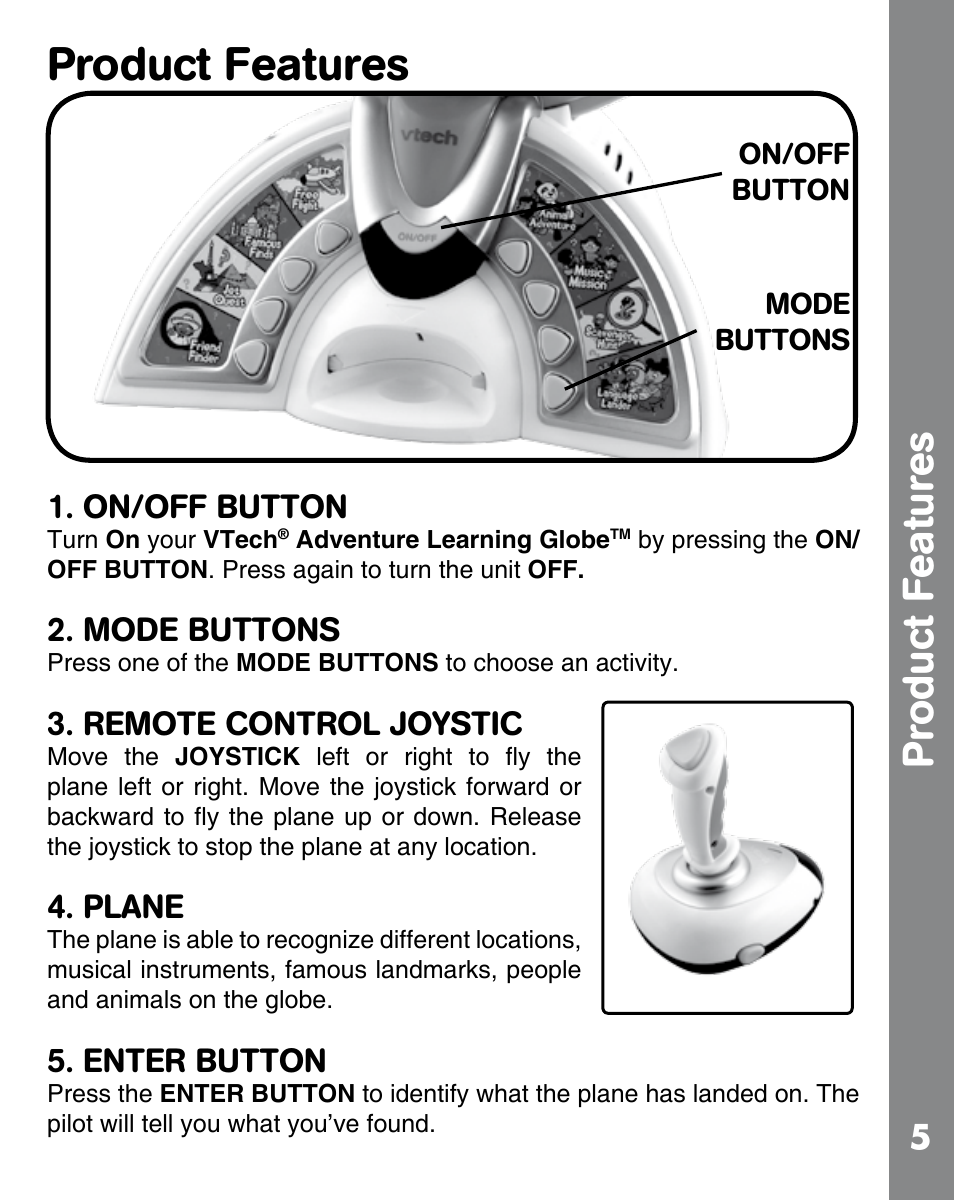 Product features, On/off button, Mode buttons | Remote control joystic, Plane, Enter button | VTech ADVENTURE LEARNING GLOBE 91-002393-000 User Manual | Page 7 / 12