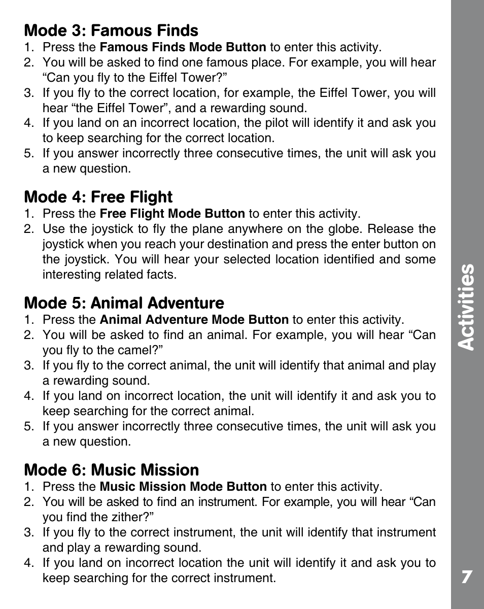 Activities, 7mode 3: famous finds, Mode 4: free flight | Mode 5: animal adventure, Mode 6: music mission | VTech ADVENTURE LEARNING GLOBE 91-002393-000 User Manual | Page 9 / 12