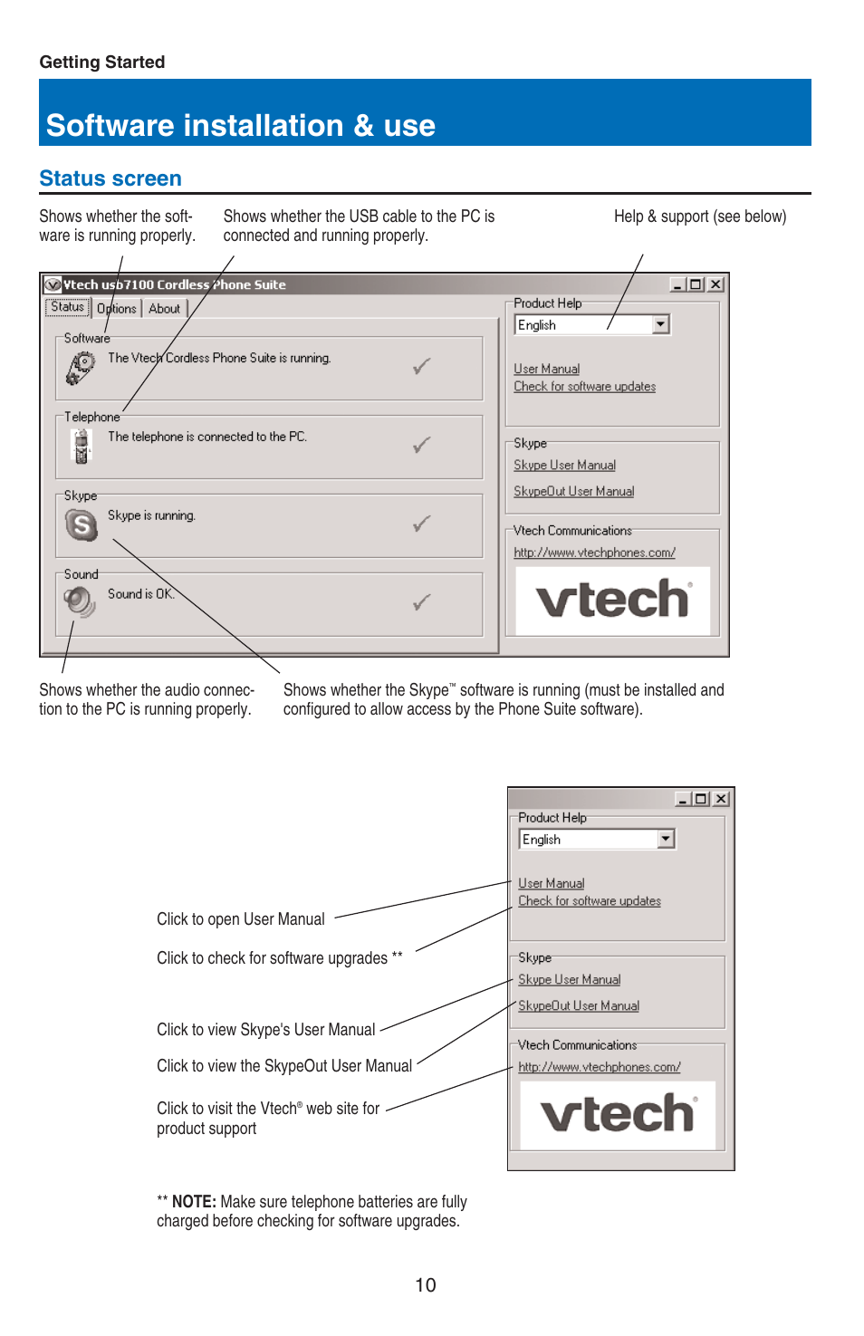 Software installation & use, Status screen | VTech USB 7100 User Manual | Page 12 / 44