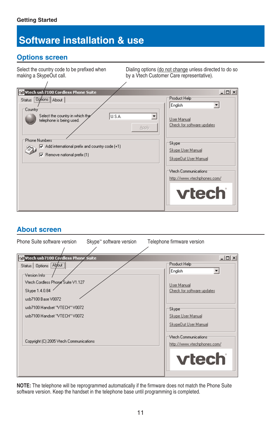 Software installation & use, Options screen about screen | VTech USB 7100 User Manual | Page 13 / 44
