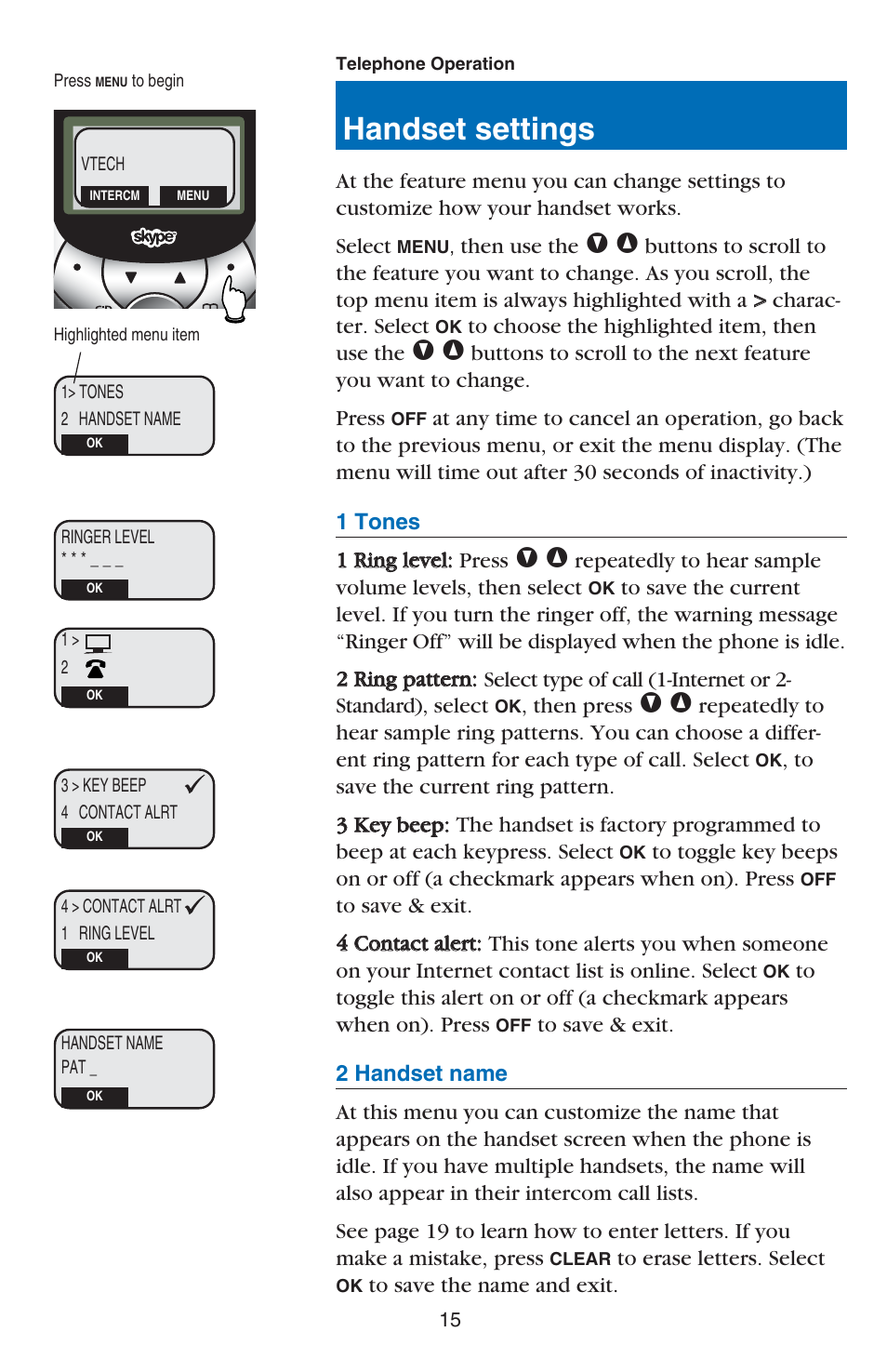 Handset settings | VTech USB 7100 User Manual | Page 17 / 44