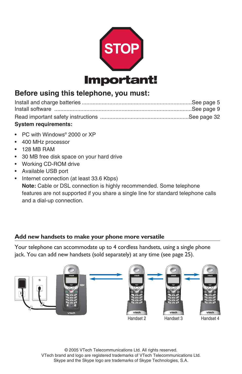 Important, Before using this telephone, you must | VTech USB 7100 User Manual | Page 2 / 44