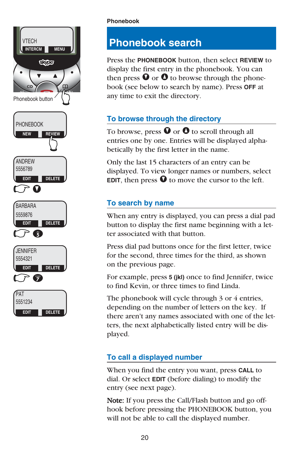 Phonebook search | VTech USB 7100 User Manual | Page 22 / 44