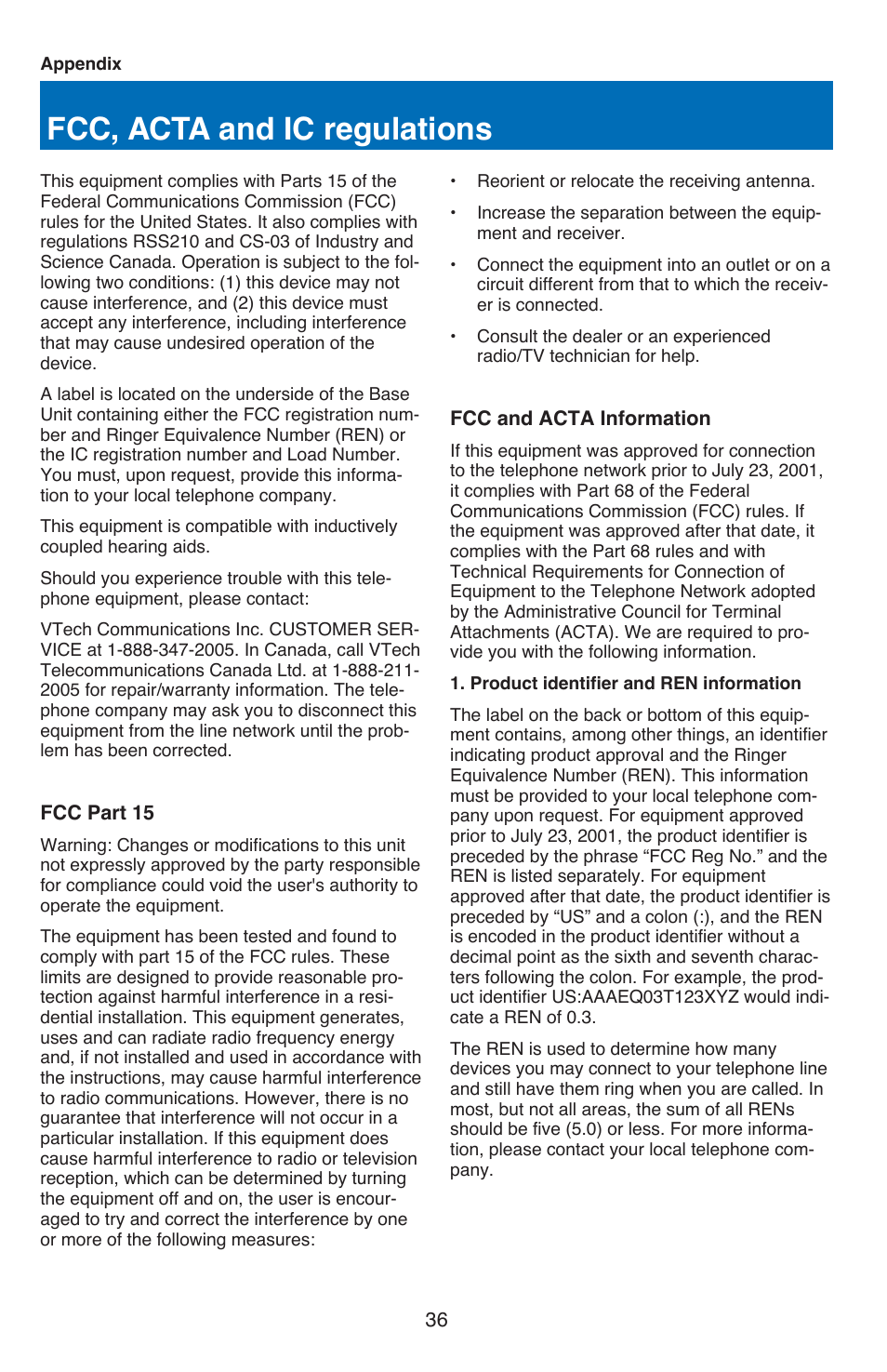 Fcc, acta and ic regulations | VTech USB 7100 User Manual | Page 38 / 44