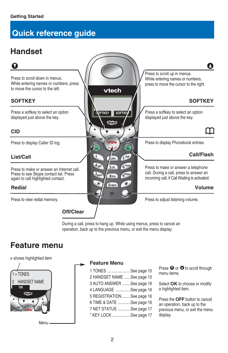 Quick reference guide v, Handset, Feature menu | VTech USB 7100 User Manual | Page 4 / 44