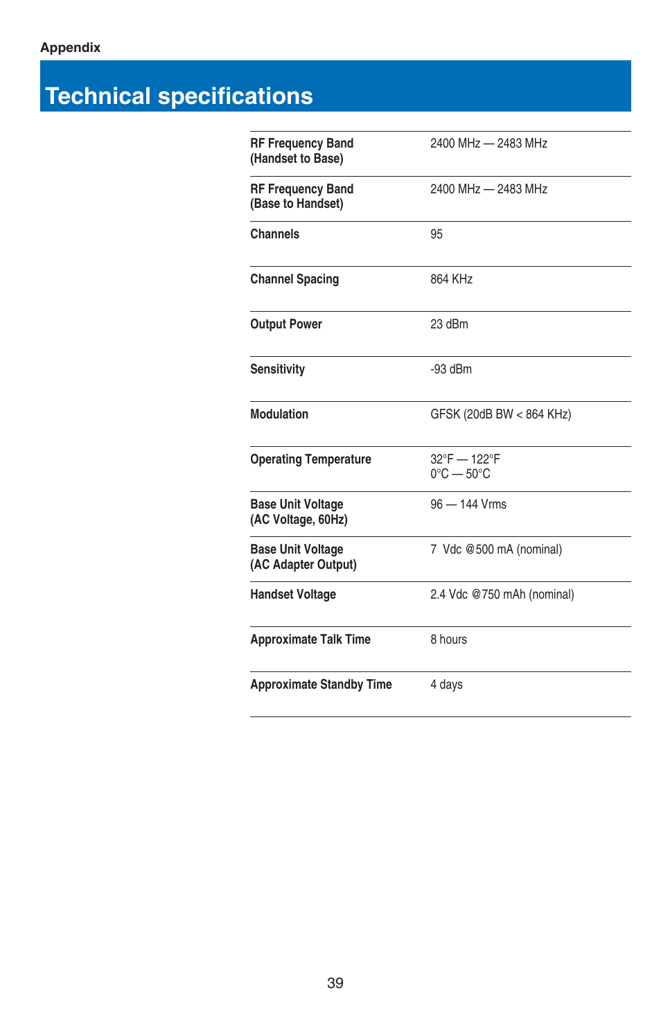 Technical specifications | VTech USB 7100 User Manual | Page 41 / 44