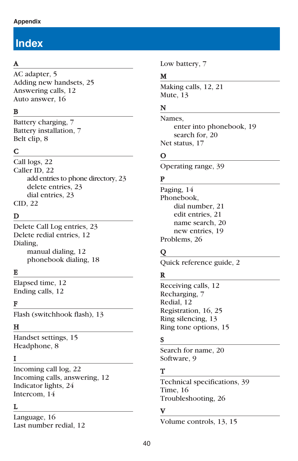 Index | VTech USB 7100 User Manual | Page 42 / 44