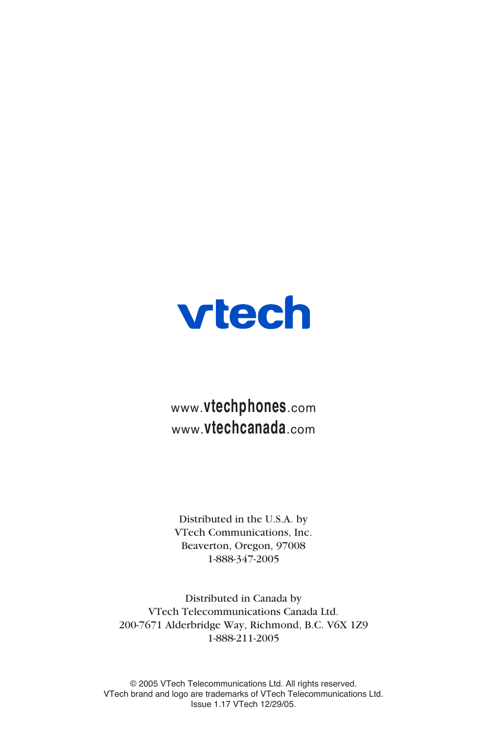 Vtechphones, Vtechcanada | VTech USB 7100 User Manual | Page 44 / 44