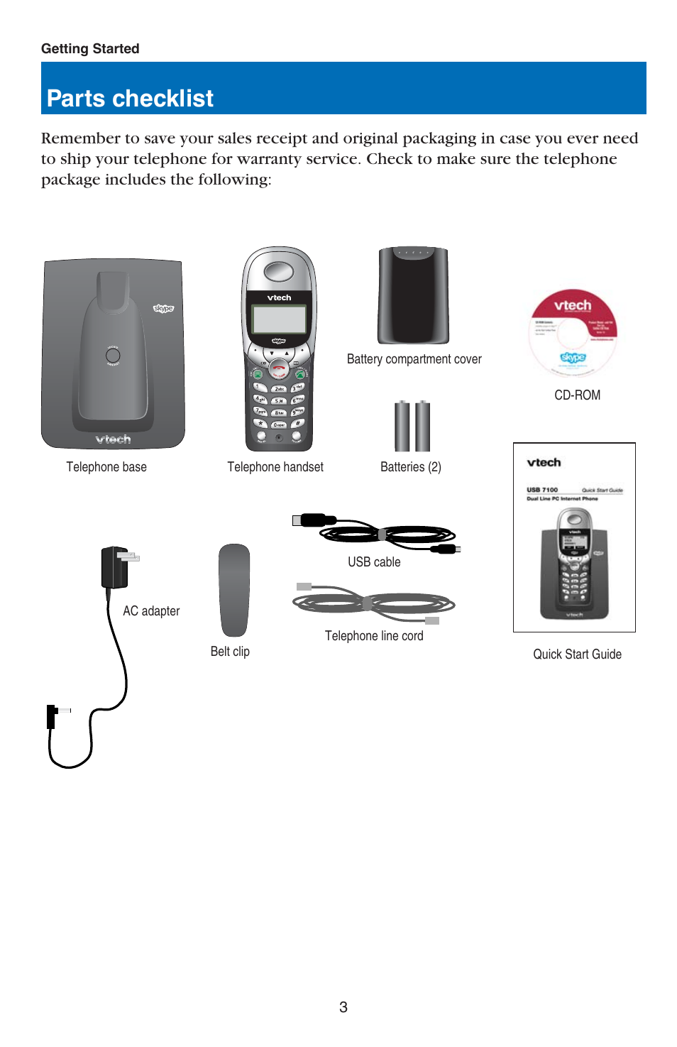 Parts checklist | VTech USB 7100 User Manual | Page 5 / 44