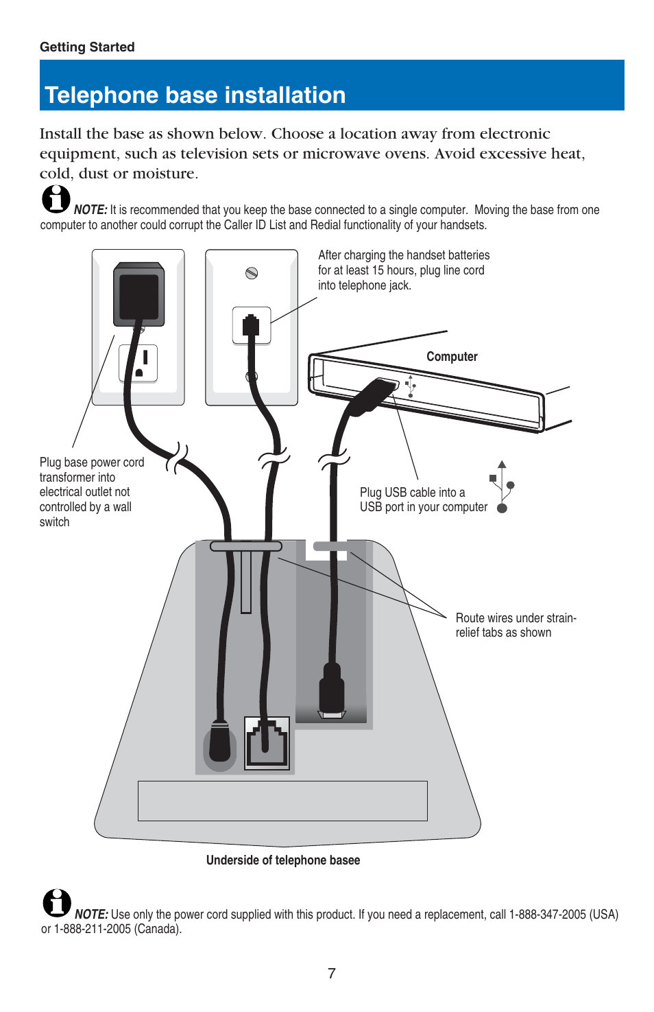 Telephone base installation | VTech USB 7100 User Manual | Page 9 / 44