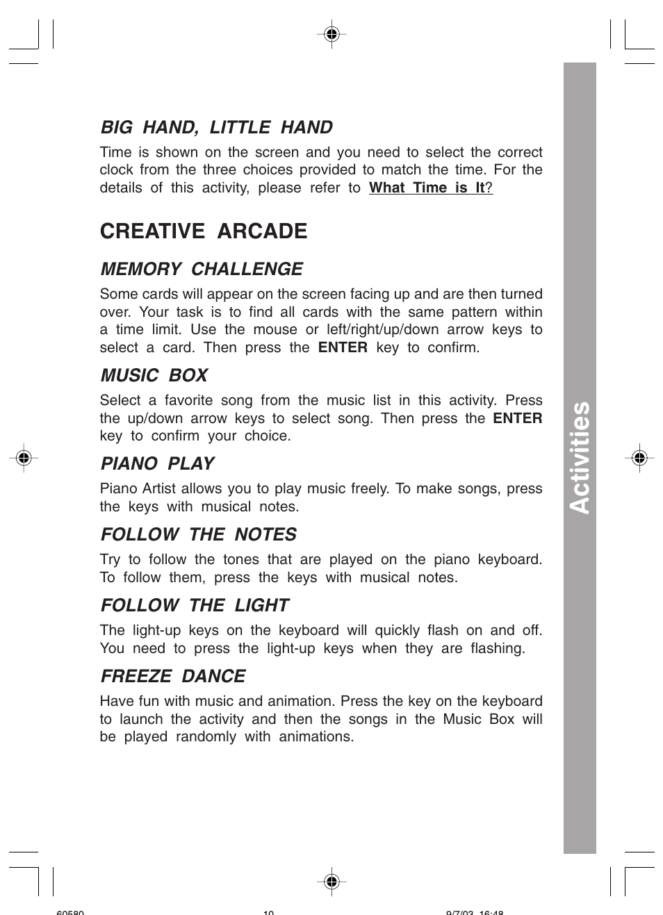 Activities, Creative arcade | VTech 91-01256-043 User Manual | Page 12 / 16