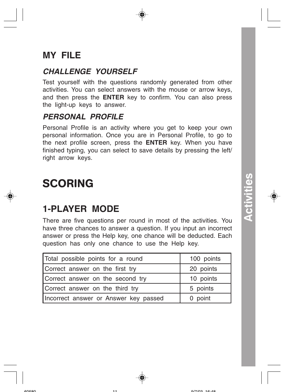 Scoring, Scoring activities, My file | Player mode | VTech 91-01256-043 User Manual | Page 13 / 16