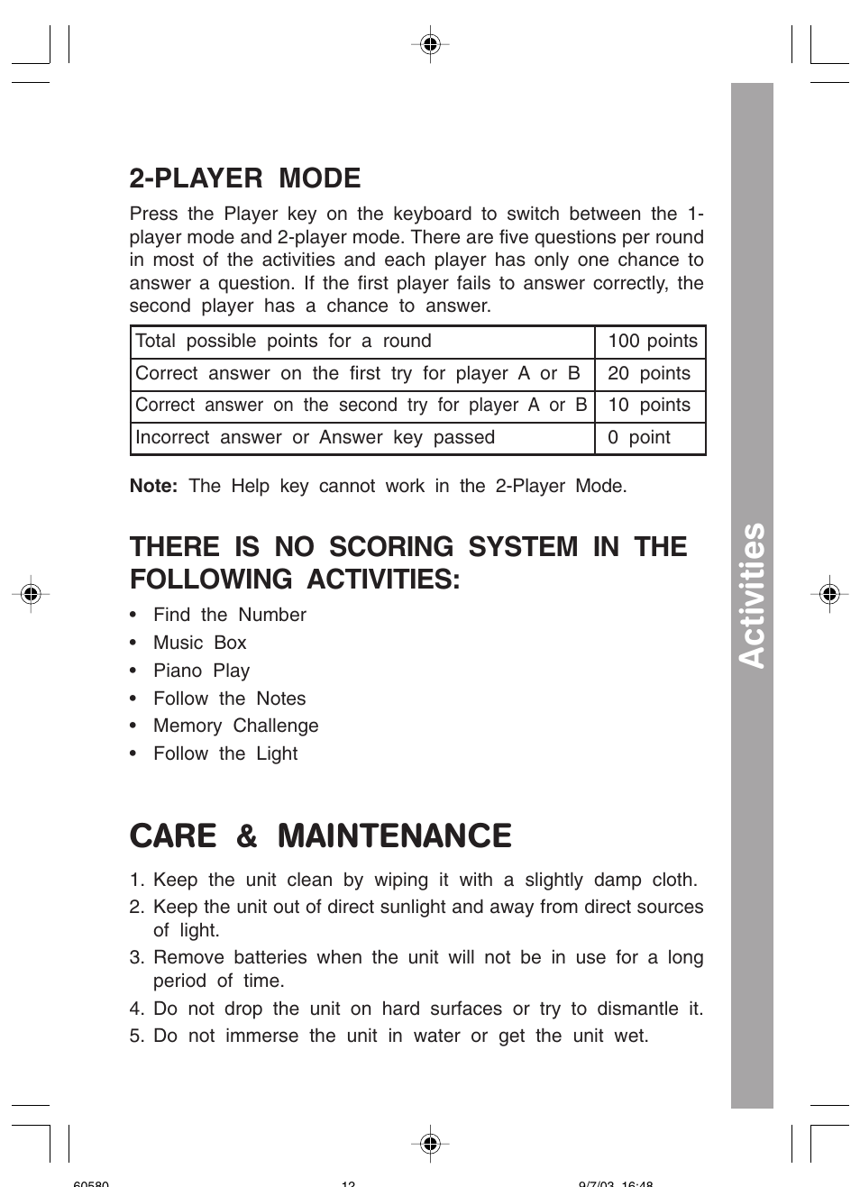 Care & maintenance, Activities, Player mode | VTech 91-01256-043 User Manual | Page 14 / 16