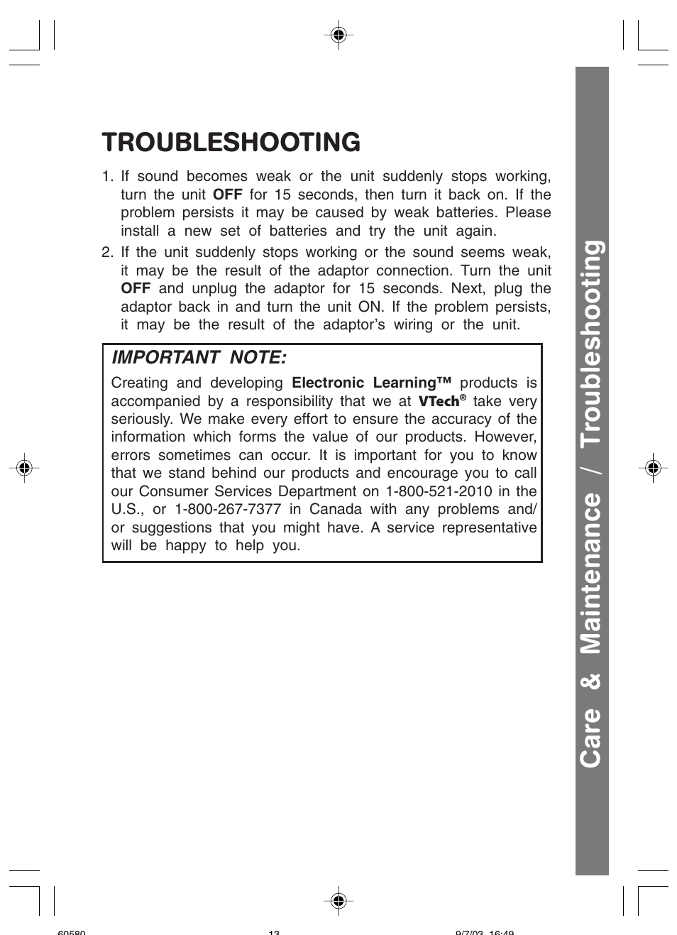 Troubleshooting, Care & maintenance / troubleshooting | VTech 91-01256-043 User Manual | Page 15 / 16