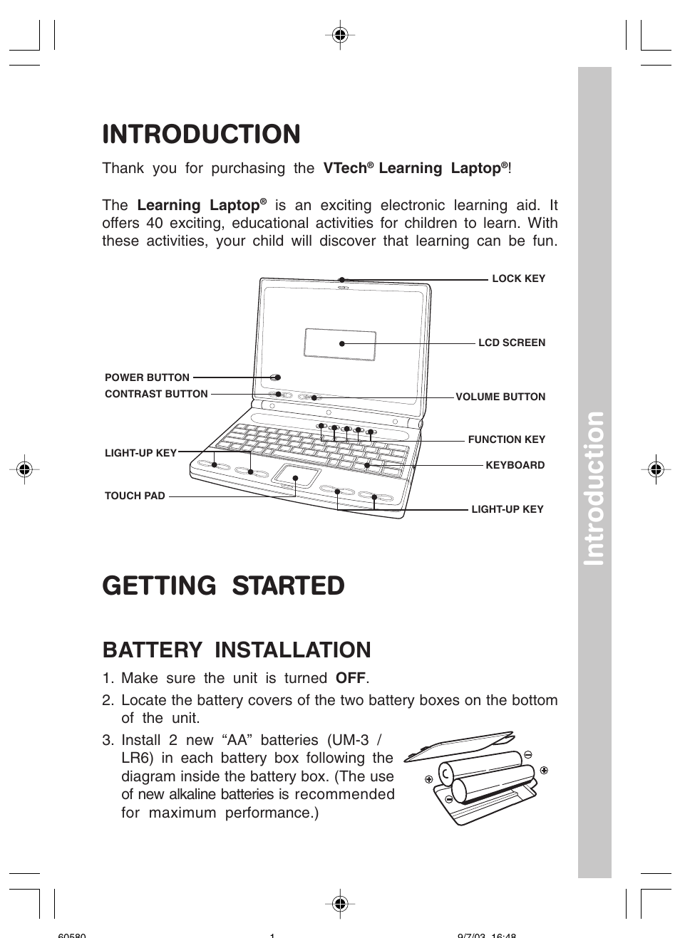 Introduction, Getting started, Battery installation | VTech 91-01256-043 User Manual | Page 3 / 16