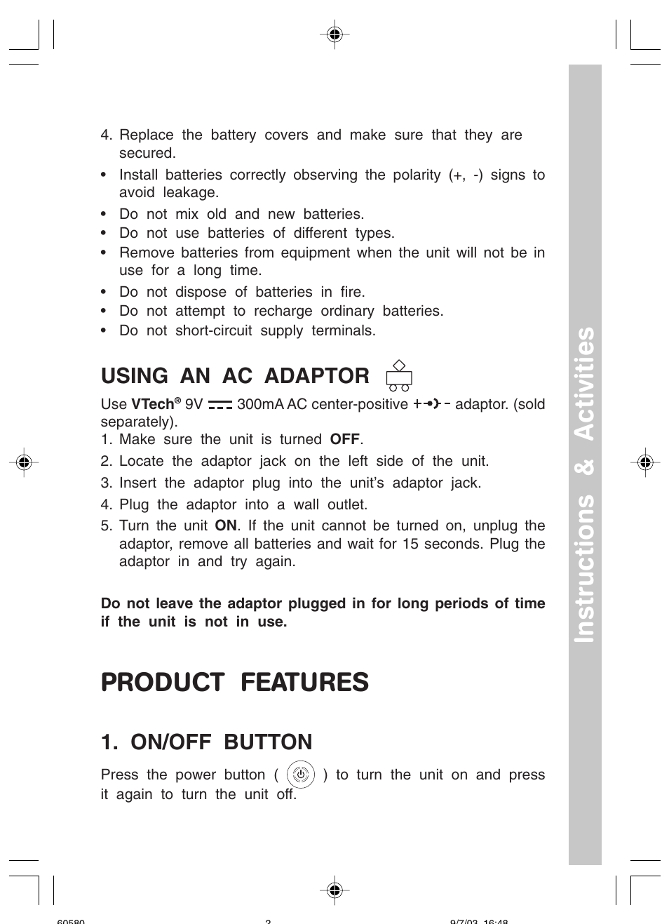 Product features, Instructions & activities, Using an ac adaptor | On/off button | VTech 91-01256-043 User Manual | Page 4 / 16