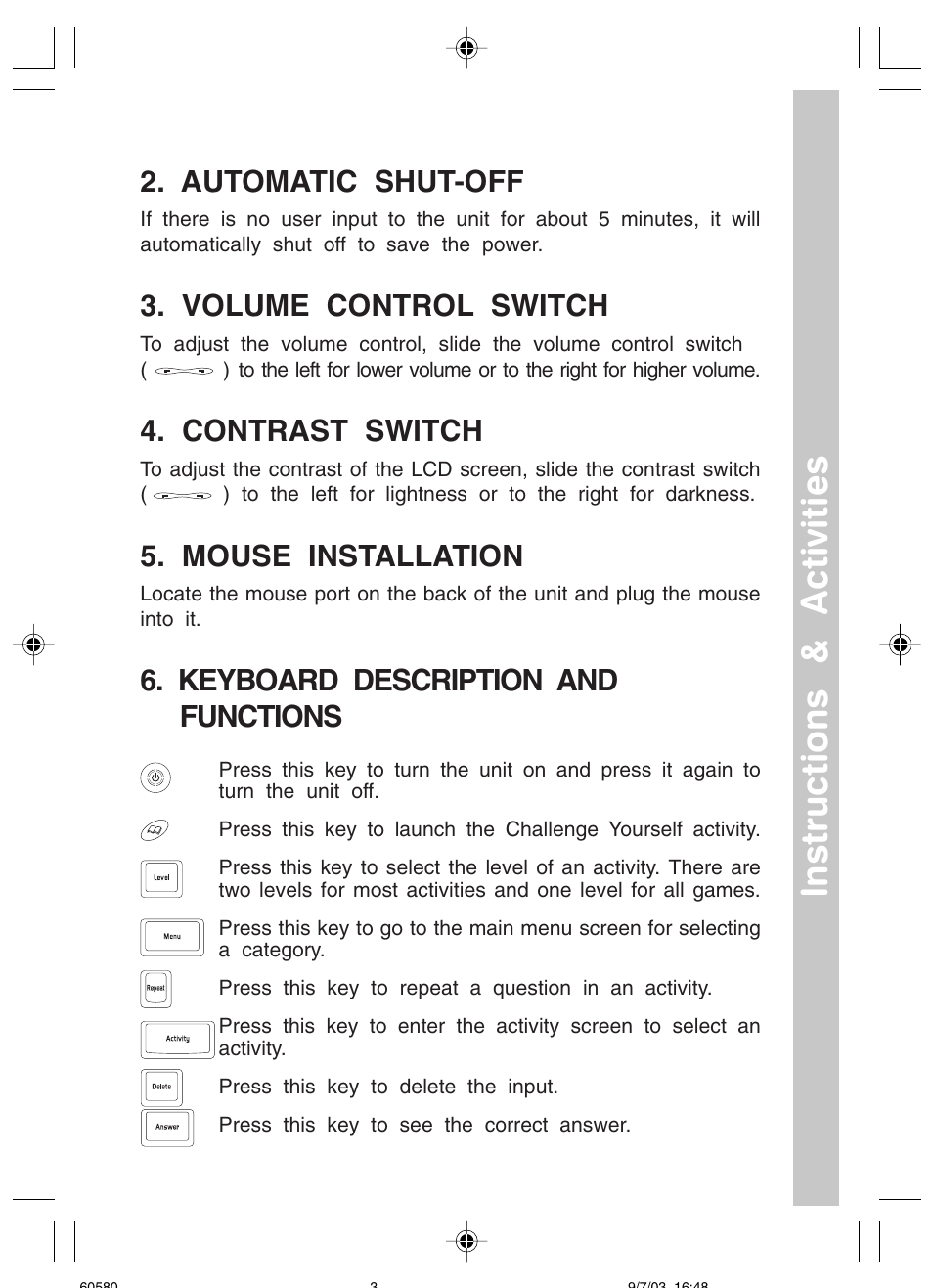 Instructions & activities, Automatic shut-off, Volume control switch | Contrast switch, Mouse installation, Keyboard description and functions | VTech 91-01256-043 User Manual | Page 5 / 16