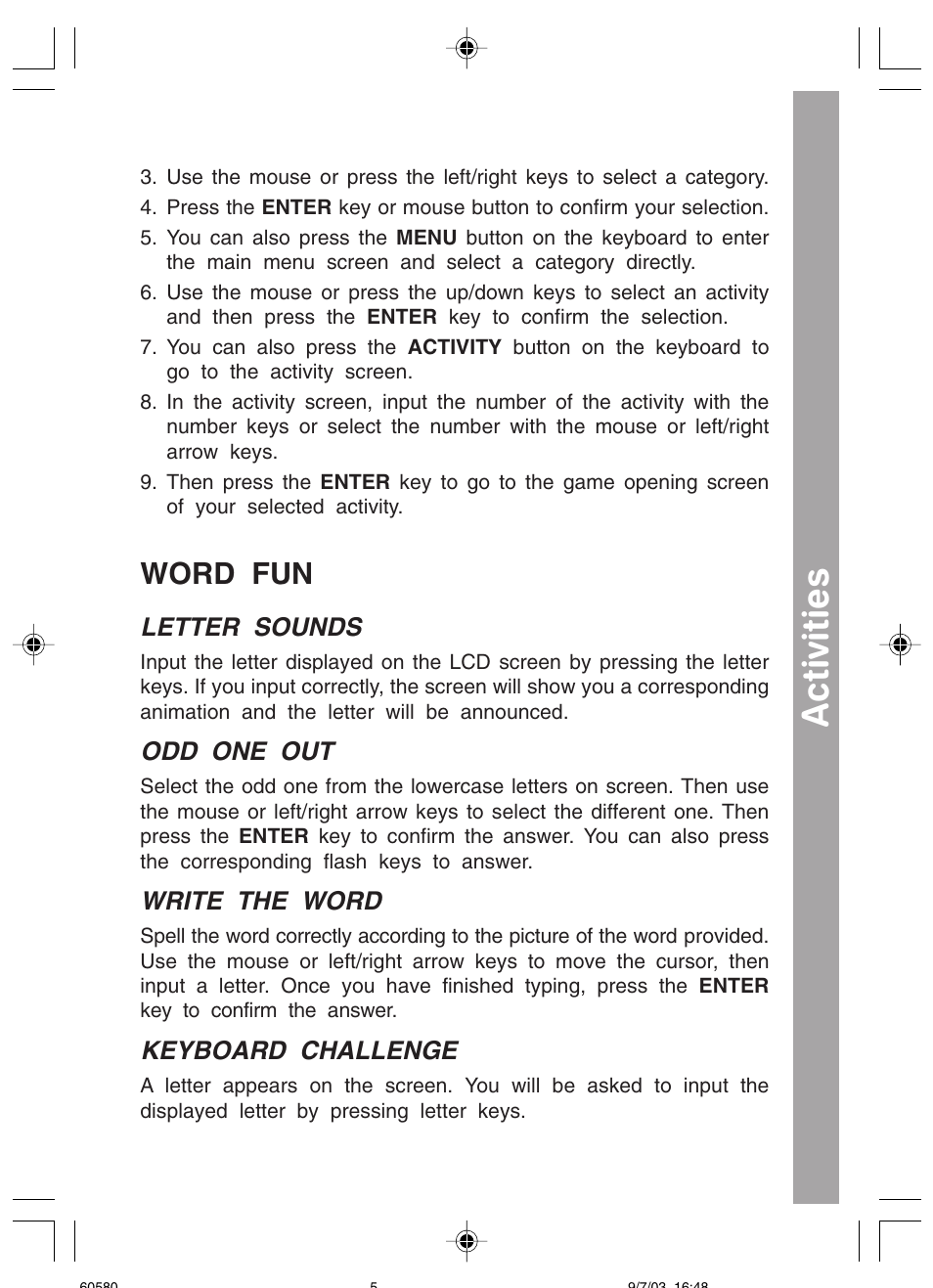 Activities, Word fun, Letter sounds | Odd one out, Write the word, Keyboard challenge | VTech 91-01256-043 User Manual | Page 7 / 16