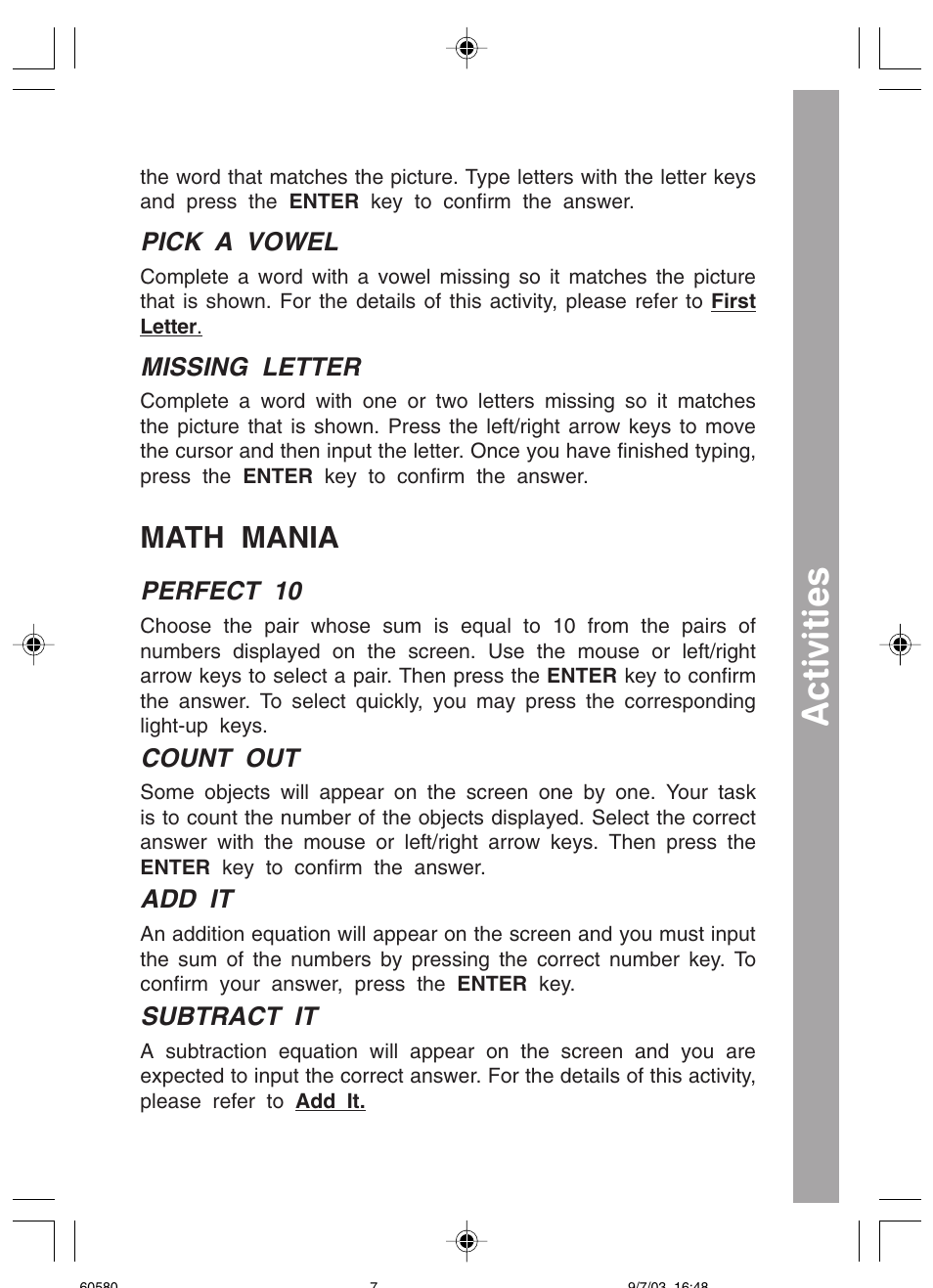 Activities, Math mania | VTech 91-01256-043 User Manual | Page 9 / 16