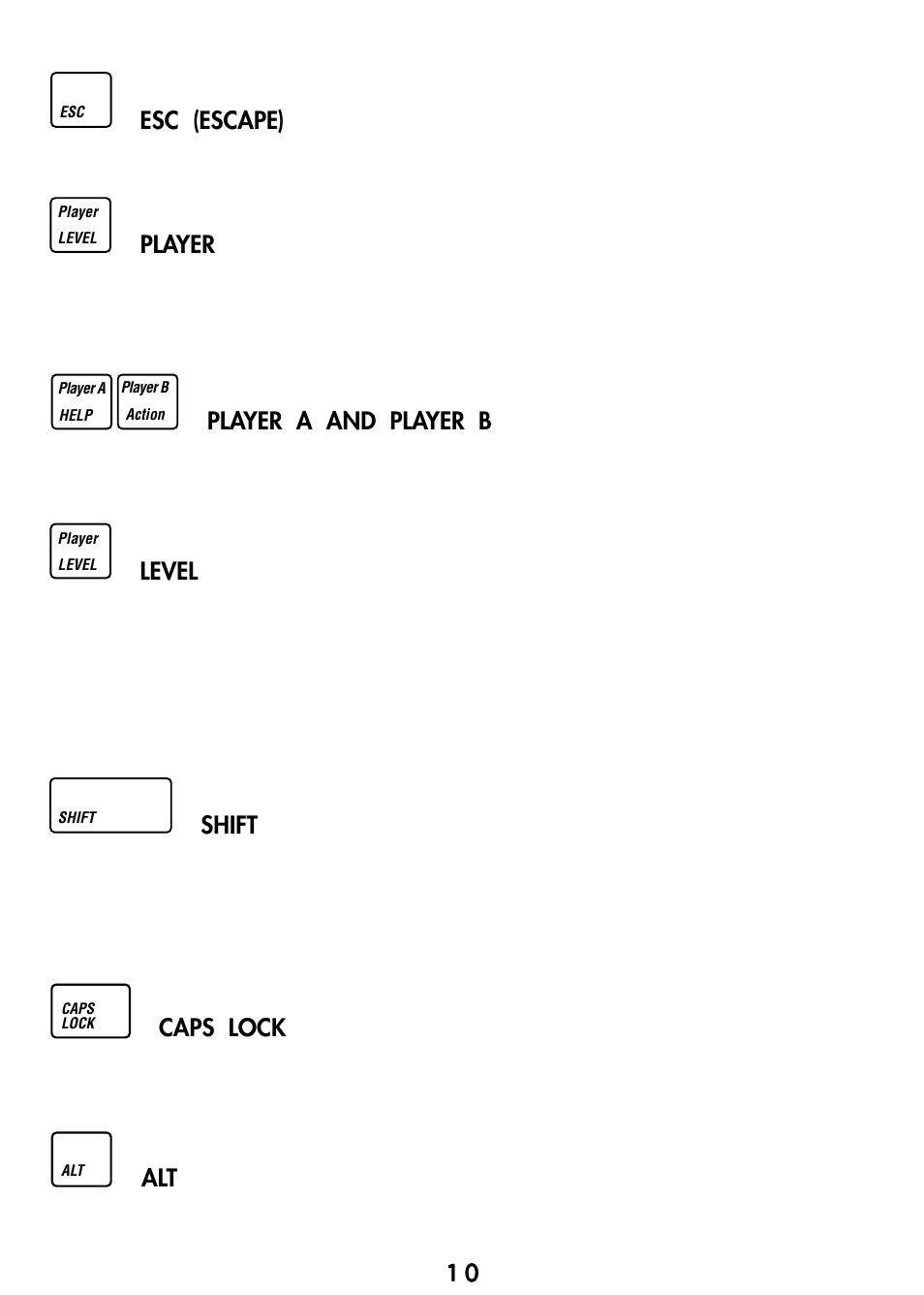 Esc (escape), Player, Player a and player b | Level, Shift, Caps lock | VTech Video Game Console User Manual | Page 12 / 27