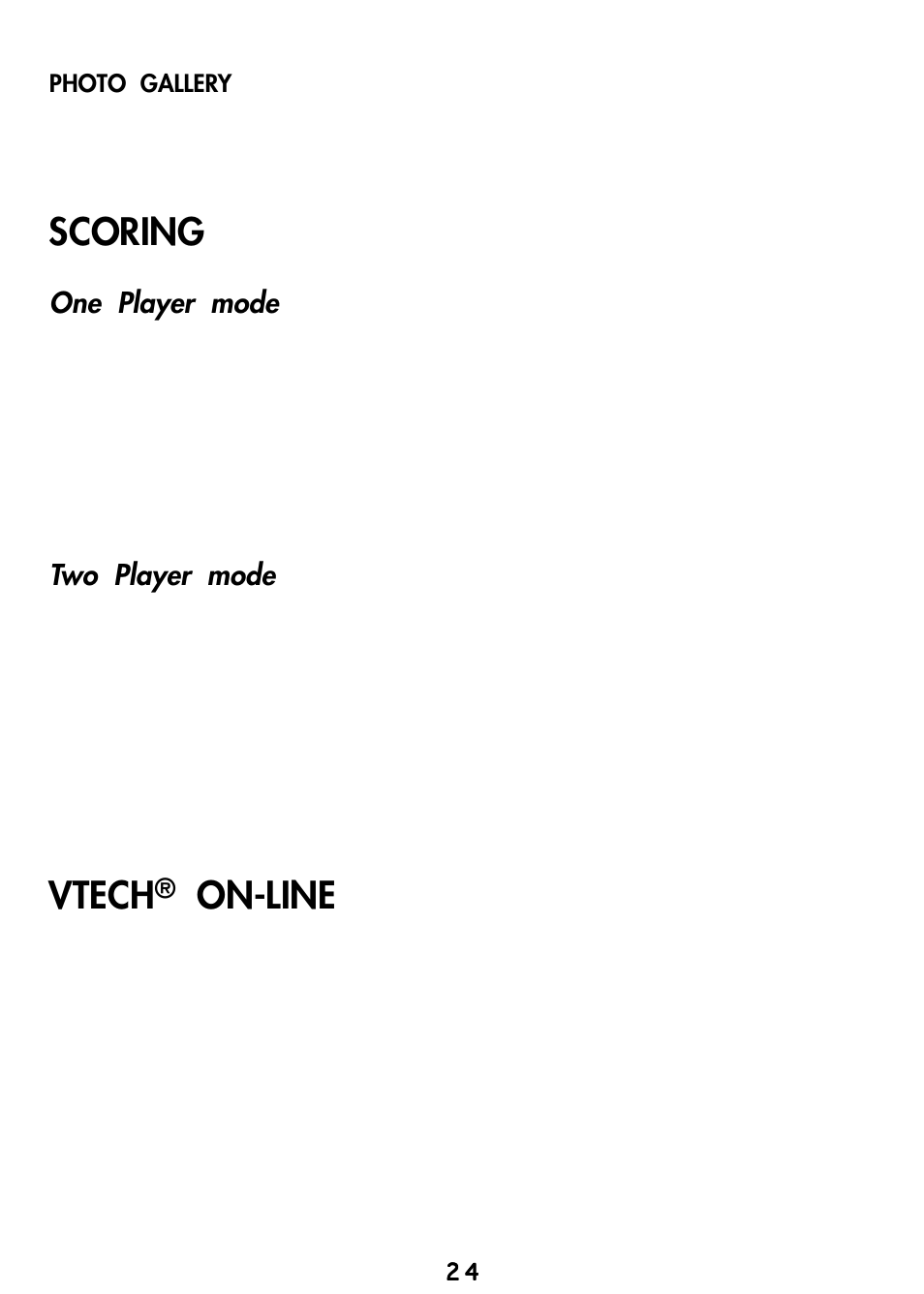 Scoring, Vtech® on-line, Vtech | On-line, One player mode, Two player mode | VTech Video Game Console User Manual | Page 26 / 27