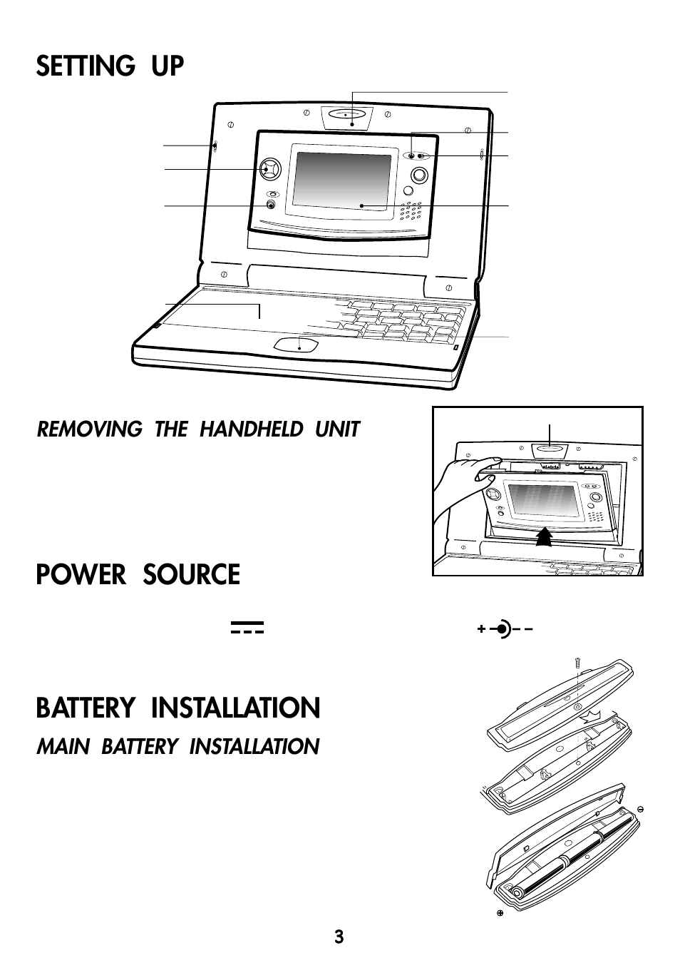Setting up, Power source, Battery installation | Removing the handheld unit, Main battery installation | VTech Video Game Console User Manual | Page 5 / 27