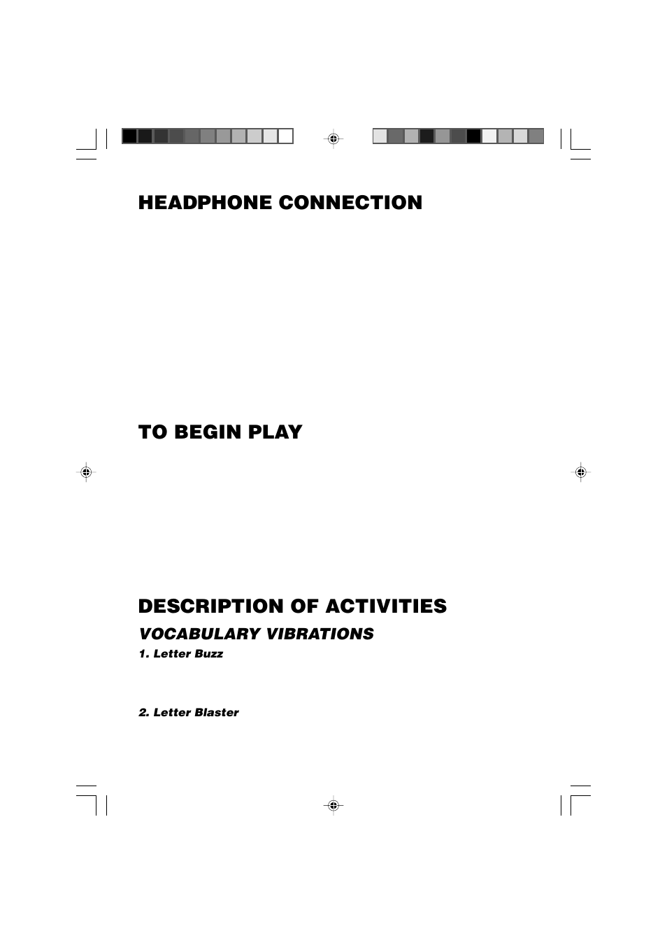 Headphone connection, To begin play, Description of activities | Vocabulary vibrations, Letter blaster | VTech Computer Pal In Concert User Manual | Page 13 / 26