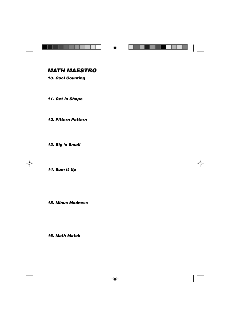 Math maestro, Cool counting, Get in shape | Pittern pattern, Big ‘n small, Sum it up, Minus madness, Math match | VTech Computer Pal In Concert User Manual | Page 15 / 26