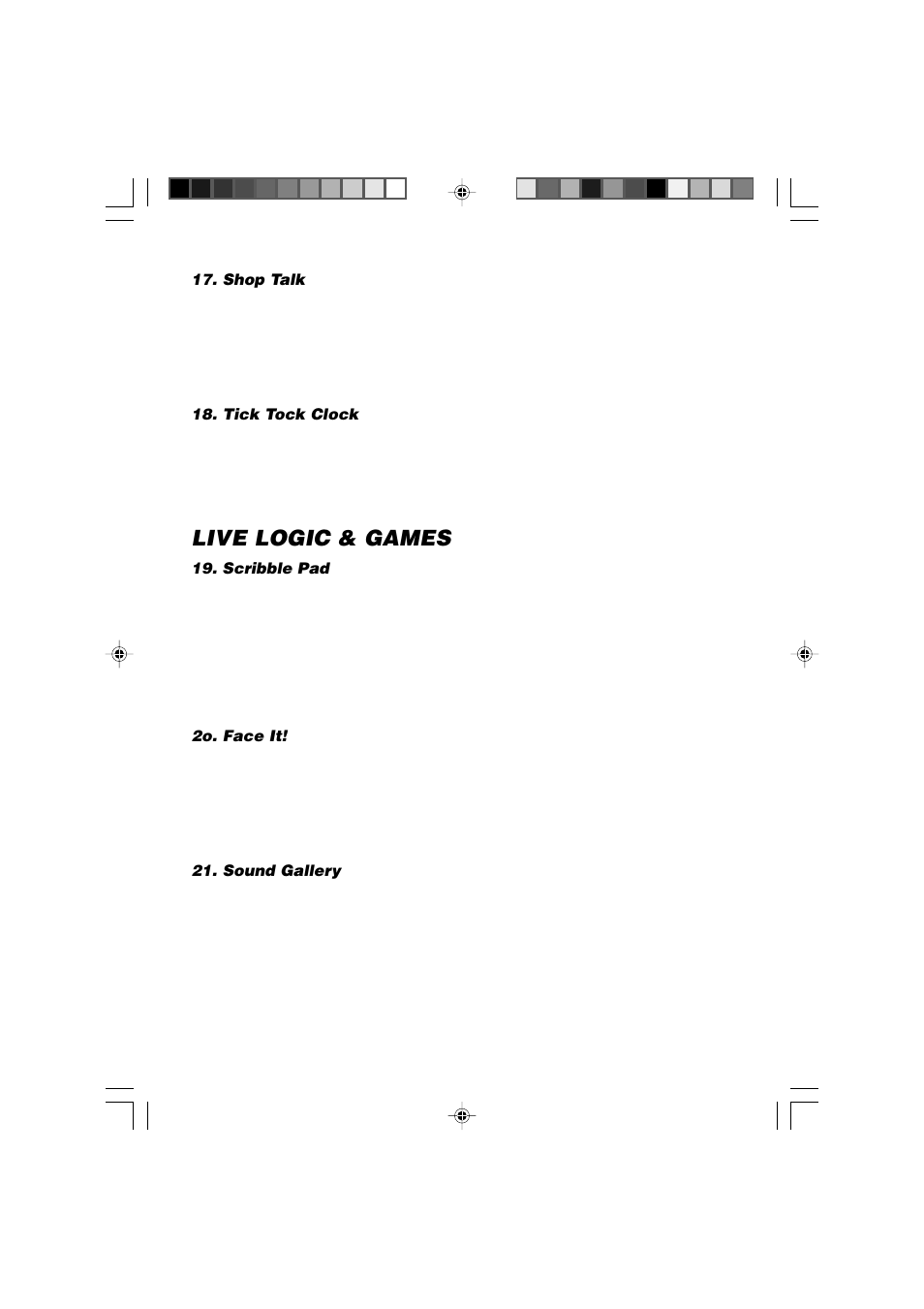 Shop talk, Tick tock clock, Live logic & games | Scribble pad, 2o. face it, Sound gallery | VTech Computer Pal In Concert User Manual | Page 16 / 26