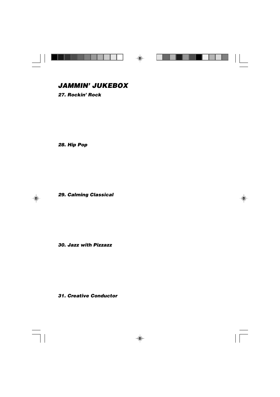 Jammin’ jukebox, Rockin’ rock, Hip pop | Calming classical, Jazz with pizzazz, Creative conductor | VTech Computer Pal In Concert User Manual | Page 18 / 26