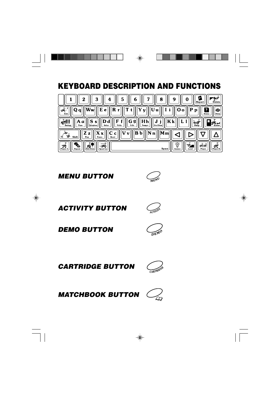 Keyboard description and functions, Menu button, Activity button | Demo button, Cartridge button, Matchbook button | VTech Computer Pal In Concert User Manual | Page 8 / 26