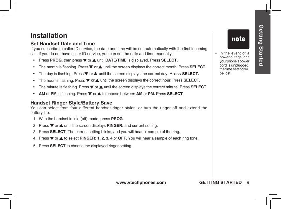 Installation, Gett in g s ta rte d | VTech ia5874 User Manual | Page 10 / 51