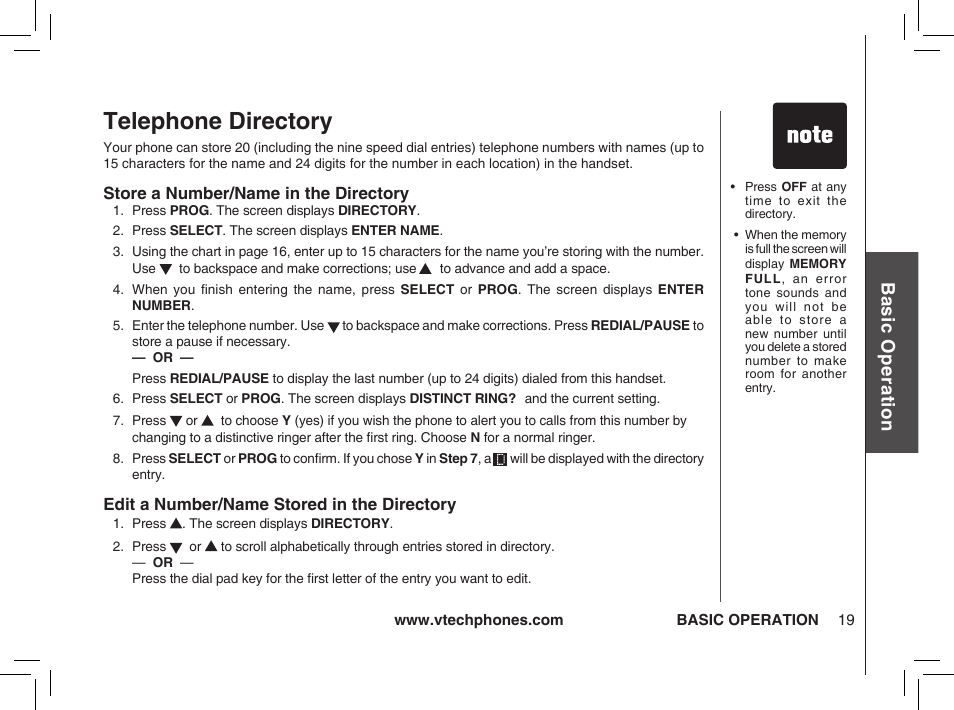 Telephone directory, Bas ic o pe ra tio n | VTech ia5874 User Manual | Page 20 / 51