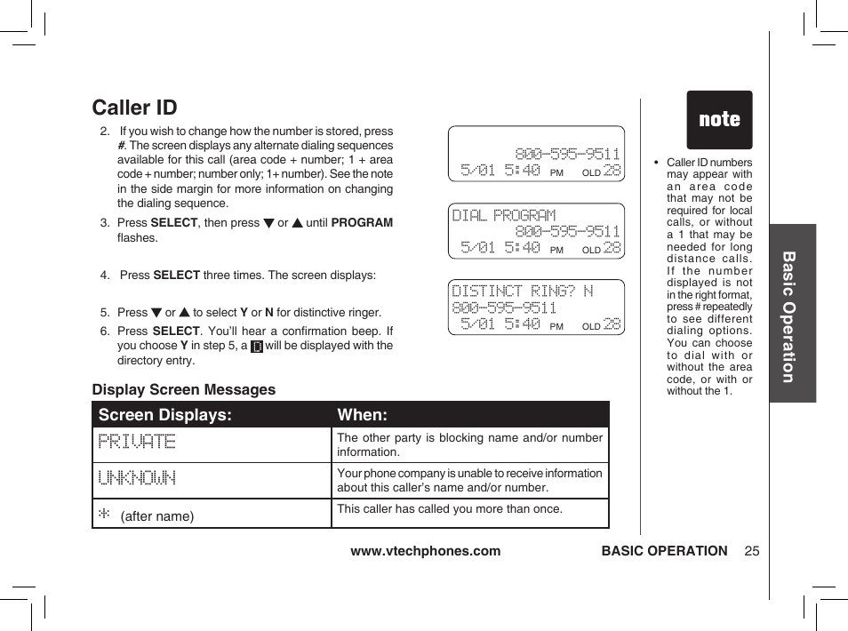 Caller id, Bas ic o pe ra tio n, Screen displays: when | VTech ia5874 User Manual | Page 26 / 51